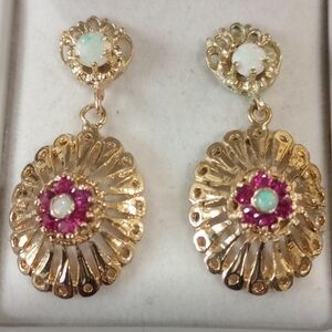 Elegant 18k Gold Ruby and Opel Dangle Earrings